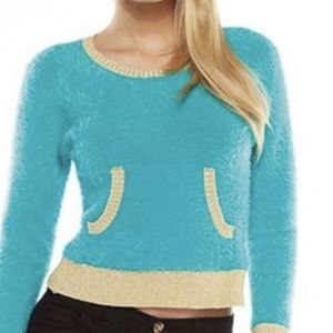 Juicy Couture Fuzzy Teal and Gold Sweater